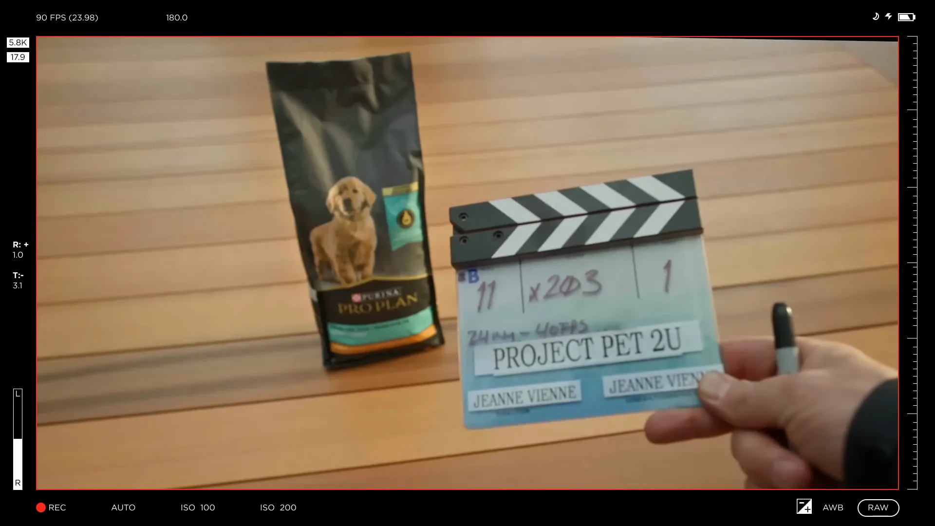 A production slate marks the Purina cat setup