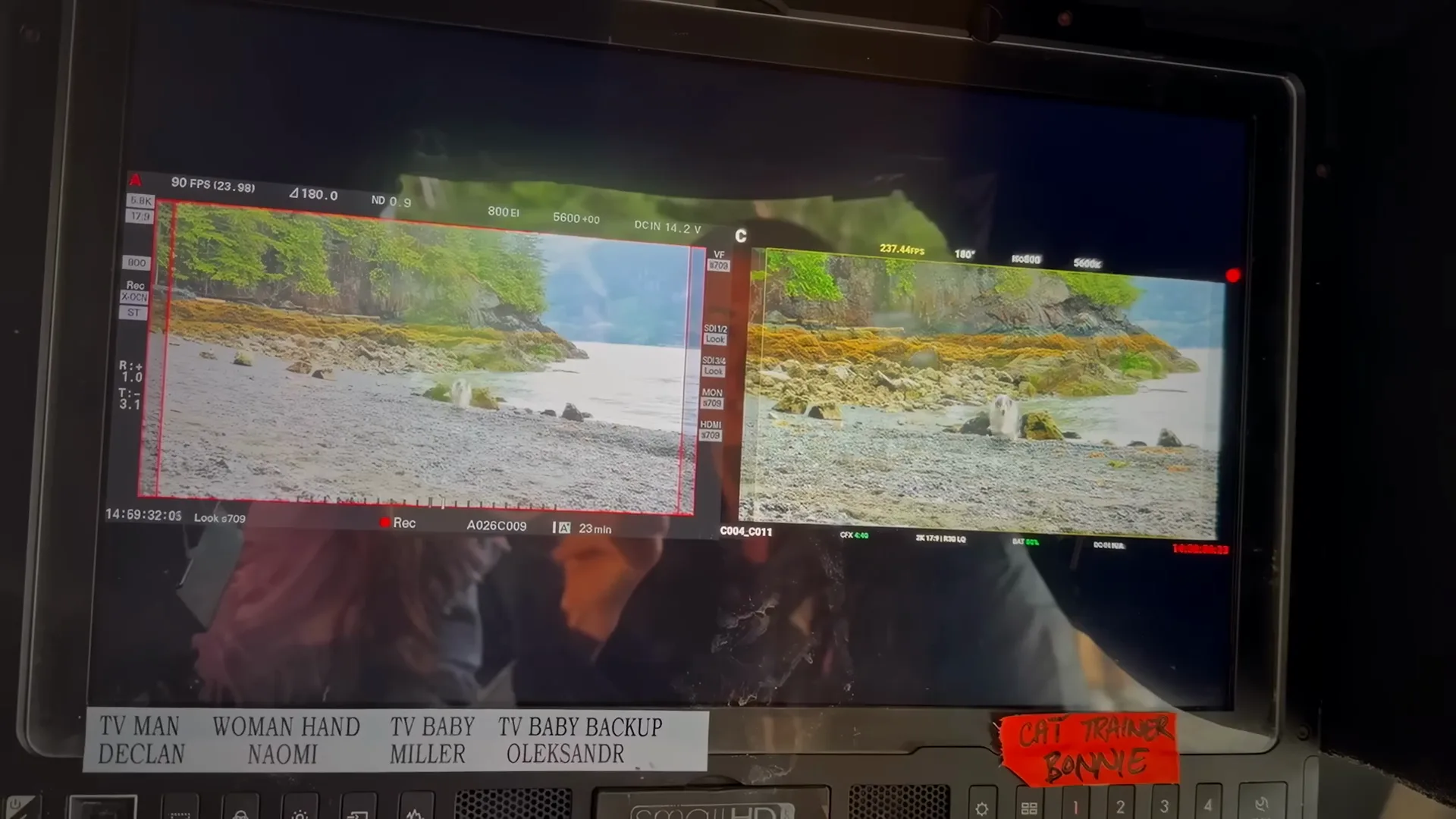 Two production monitors show a dog by the shoreline